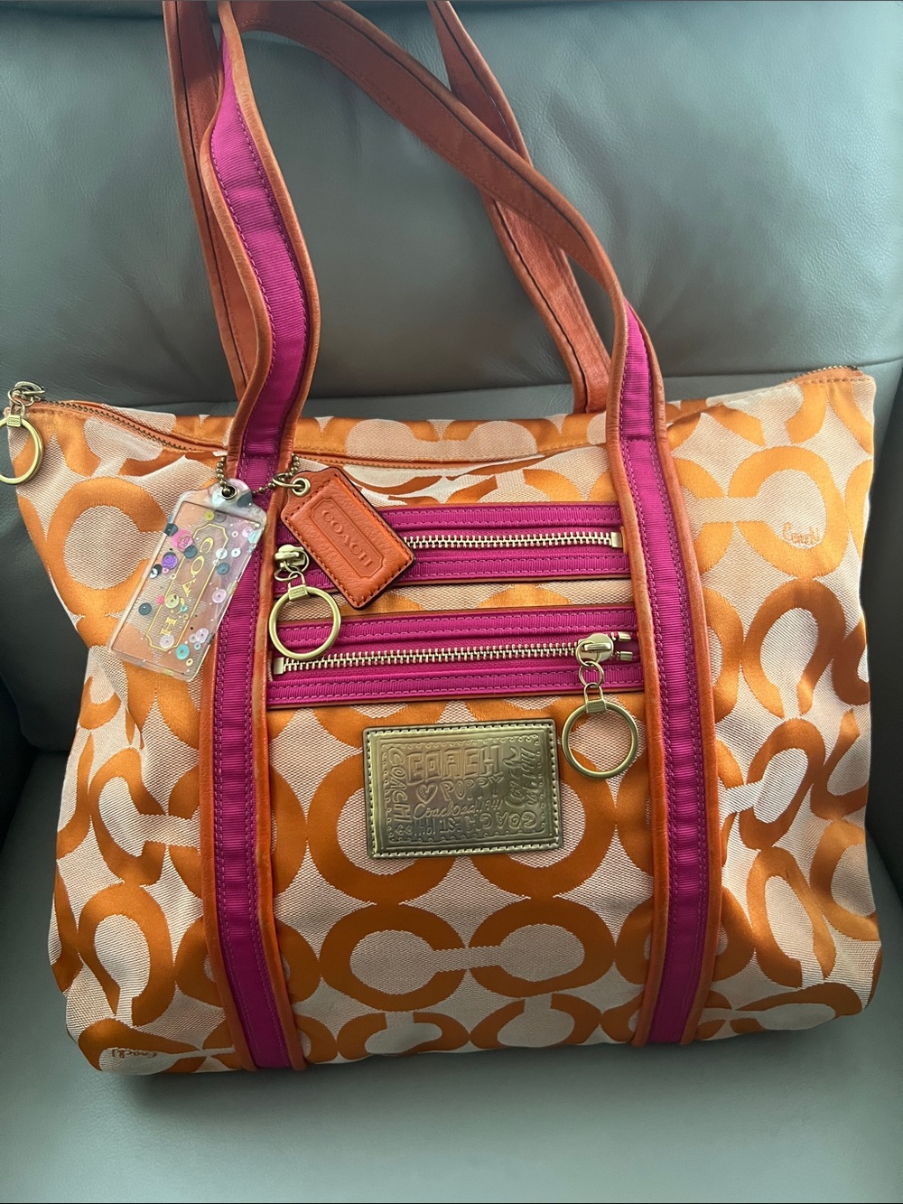 Coach Poppy Orange and Pink Signature Tote